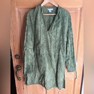 Olive Green V-Neck Patterned Tunic Top/Dress | 100% Cotton